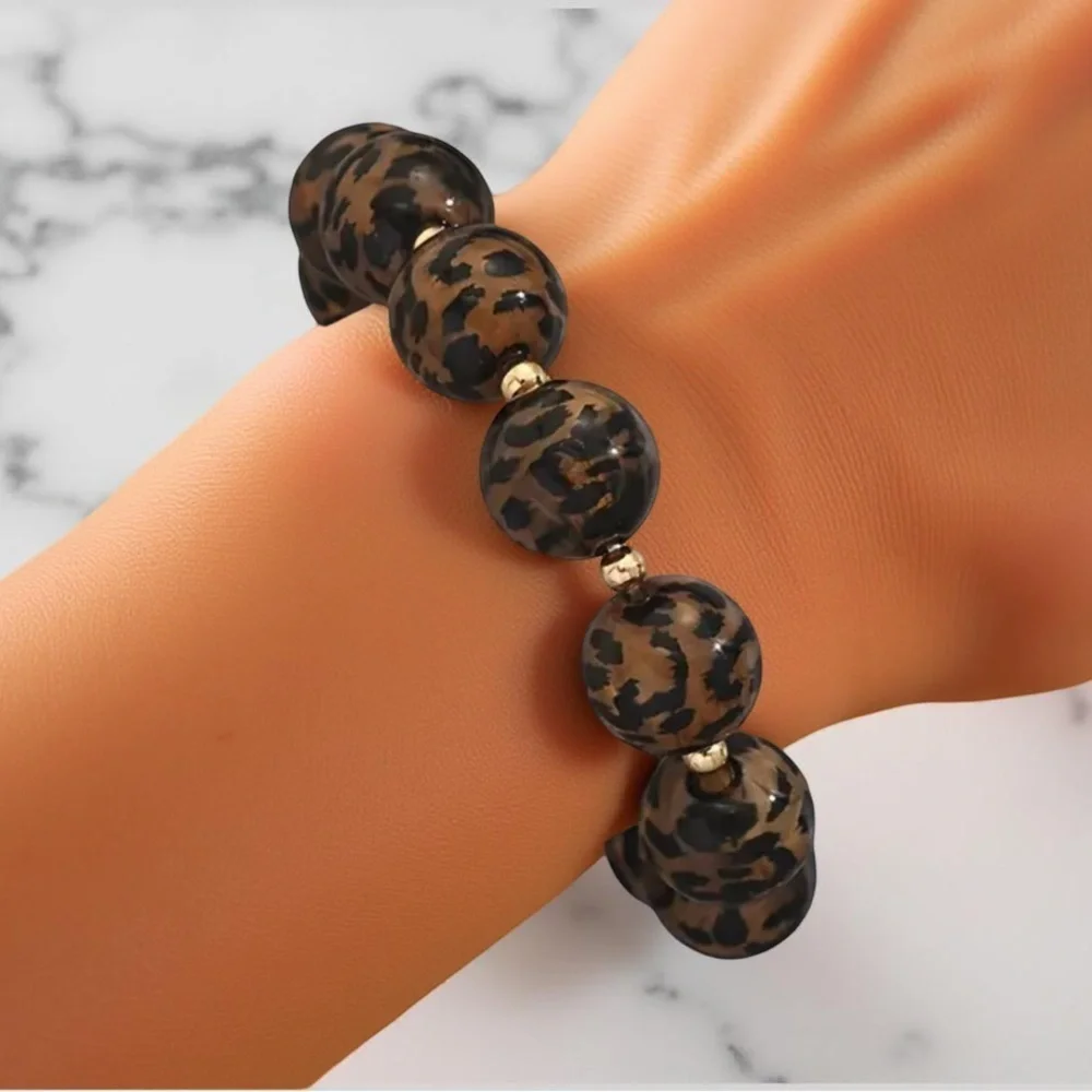Leopard Print 12mm Beaded Bracelet
